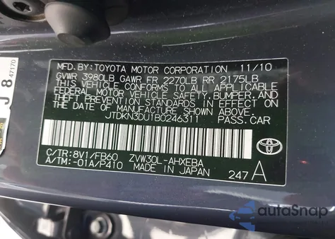 2011 Toyota Prius Three from USA, damaged, VIN JTDKN3DU1B0246311